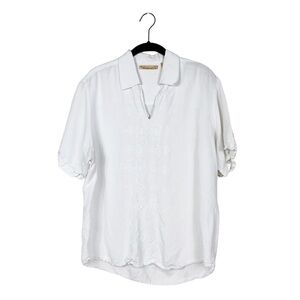 The Havanera Co Linen Blend White Embroidered Short Sleeve Top Size S